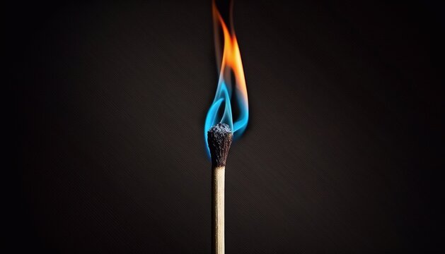 One wooden match with a blue flame, on a black background. Generative AI.