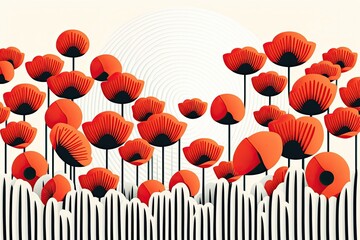 Field full of poppies flowers, retro style vector illustration. Generative AI