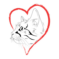 Portrait of cat with heart. Cat face tattoo. Vector illustration