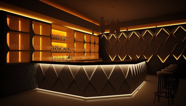 Night club Bar counter. Dance club's neon-lit interior. Modern