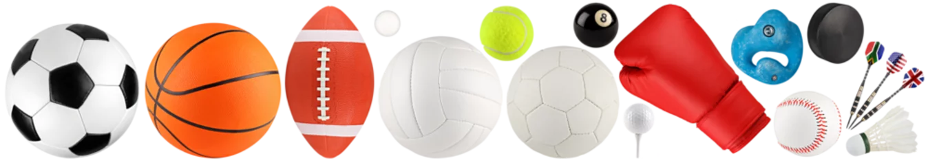 Tuinposter set collection of various sport gear and ball like soccer american football basketball handball boxing isolated white background. sports equipmet activity concept © stockphoto-graf