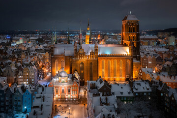 Aerial view of the beautiful main city in Gdansk at snowy winter, Poland