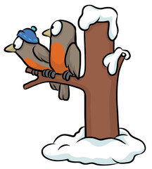 Ein Paar niedlicher kleiner Vögel mit Pudelmütze sitzt zusammen im Winter bei Schnee auf einem Ast