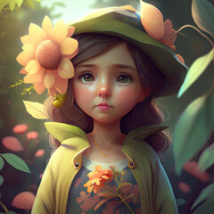 Illustration of a sweet and pretty girl surrounded by flowers. Spring concept. Fairy tale character. Generative AI