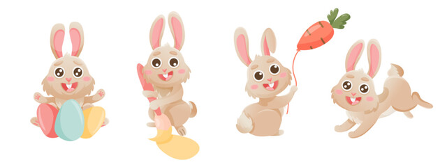 Happy Easter banner set with cute bunny. Vector rabbit character set. Animal wildlife holidays cartoon