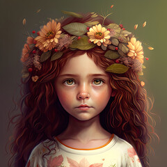 Illustration of a sweet and pretty girl surrounded by flowers. Spring concept. Fairy tale character. Generative AI