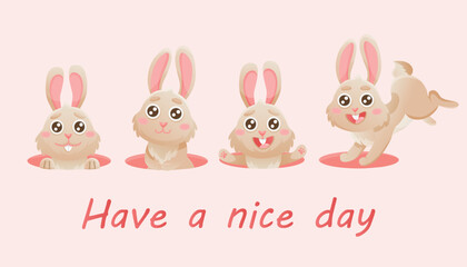 Greeting card with cute bunny in hole. Vector rabbit character set. Animal wildlife holidays cartoon