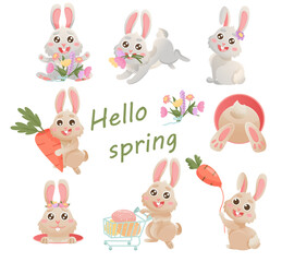 Spring big set with cute bunny, flowers. Vector rabbit character set. Animal wildlife holidays cartoon