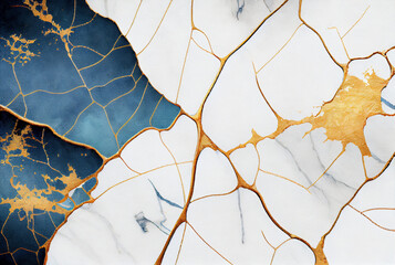 Blue and gold veins of Kintsugi or kintsukuroi abstract background, imitation of watercolor painting created with Generative AI technology - 570246137