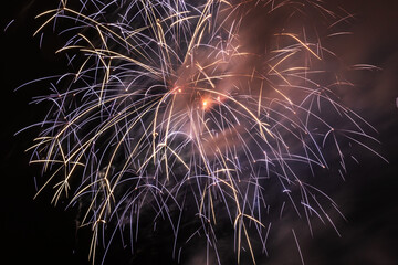 Beautiful fireworks exploded in the sky in  china at night. Chinese New Year and Lantern Festival Festival celebration.