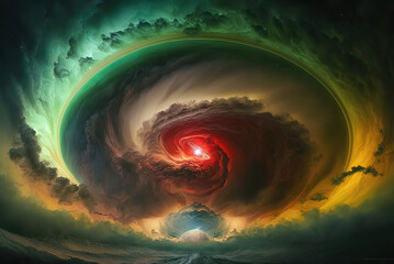 Massive storm on Saturnred, green, lightning. Generative AI.
