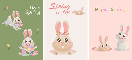 Spring greeting cards with cute bunny, flowers. Vector rabbit character set. Animal wildlife holidays cartoon