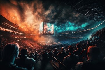 An esport event with a lot of people in a stadium with neon. Lots of gamers watching the tournament  live in the big screens. Generative IA	