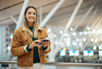 Portrait, passport and woman with phone in airport for social media, internet browsing or texting. Travel, immigration and happy female from Canada with smartphone and ticket for global traveling. - obrazy, fototapety, plakaty