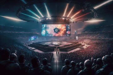 An esport event with a lot of people in a stadium with neon. Lots of gamers watching the tournament  live in the big screens. Generative IA	