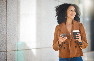 Fototapeta na wymiar Black woman walking in city with coffee, phone and typing on social network, internet search and mockup. Happy female, urban street and mobile technology on smartphone, connection and 5g notification