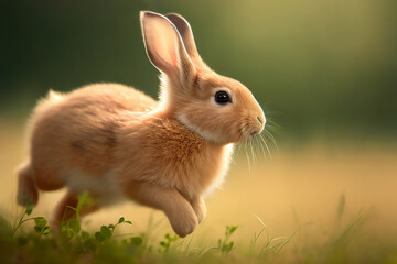 Fototapeta premium Cute Bunny rabbit running through a dreamy field at Easter during the spring season, Generative AI stock illustration image