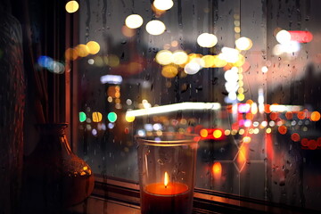 Rainy evening city view,car traffic light, from window people walk  , candle light reflection rain drops on glass urban,generated ai