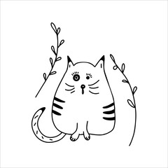 A cute fat cat is sitting under branches with leaves . Vector black and white hand-drawn doodles. Template, coloring book design, clipart, logo, sketch, icon.