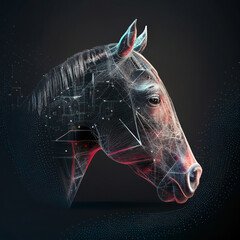 Neural network of a horse with big data and artificial intelligence circuit board in the head of the equine animal, outlining concepts of a digital brain, computer Generative AI stock illustration - obrazy, fototapety, plakaty