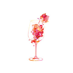Beautiful wine glass with grapes and grapevine leaf. Colorful goblet for alcoholic beverage. Glogg liquor for celebrations, special occasions. Vino fairs and degustation events. Vector illustration