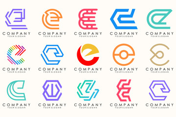 Abstract logos mega collection with letters E. Geometrical abstract logos
