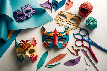 Obraz premium Color full Carnival mask with paper and scissor on a table