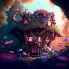 Colorful fantastic house in a magical forest, fabulous mushrooms,generative AI
