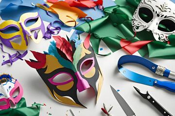 Color full Carnival mask with paper and scissor on a table