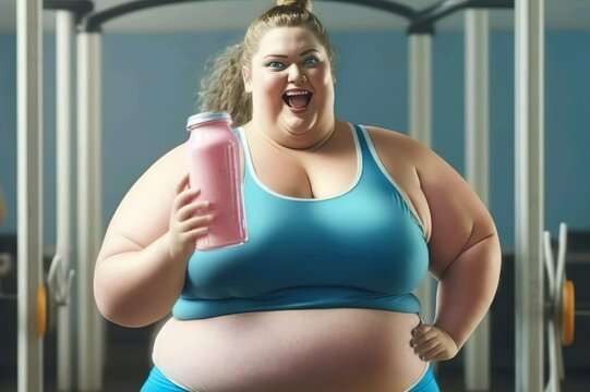 A fat girl is training with a drink in her hands. Fitness in the gym. Diet. ai generated.