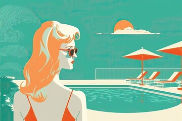 Flat vector girl by the pool. Generative AI