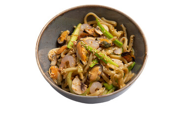 Noodles with seafood in a bowl. Transparent.