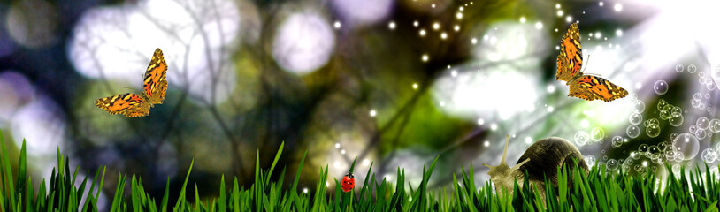  landscape with a snail, ladybug and butterflies on a blurred green background © cooperr