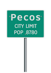 Vector illustration of the Pecos (Texas) City Limit green road sign on metallic post