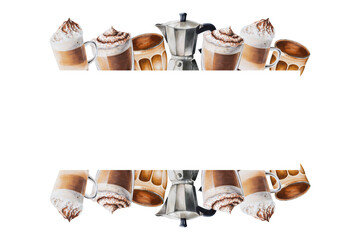 Watercolor frame with coffee making tools. Latte, espresso, americano, cappuchino, raff, mocha. Hand painting on isolated background. For designers, menu, shop, bar, bistro, restaurant, for postcards