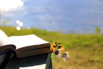Beautiful bright summer natural background. A bouquet of wildflowers between the pages lies on a bench in the rays of the setting sun. recreation on the banks of rivers