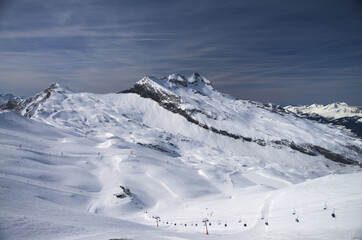 Fototapeta na wymiar View on mountains and ski slopes of Avoriaz, France. Taken in March 2015. 