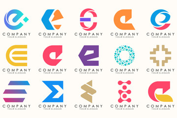 Abstract logos mega collection with letters E. Geometrical abstract logos