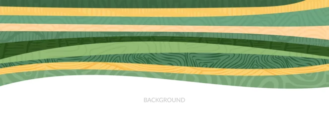 Fotobehang Agriculture farm green banner. Organic abstract field background. Wavy green lines, advertising backdrop, web header. Ecology wallpaper. Striped textured pattern. Panoramic meadow view, abstract hill © Maria Petrish