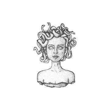 Medusa Gorgon sketch. Head with snakes hand drawn icon isolated on white background