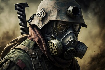 Soldat trägt Gasmaske, der Hintergrund voll Nebel, mitten im Kampf, kreativer und realistischer Stil - obrazy, fototapety, plakaty