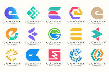 Abstract logos mega collection with letters E. Geometrical abstract logos