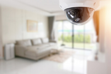 Living room interior with comfortable sofa, view through CCTV security camera - 570250594