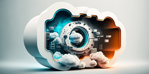 Cloud computing technology concept. Futuristic cyber illustration, concept , 3d, UI, white background,  A Conceptual 3D Render of Cloud Computing, Innovative Technology, 