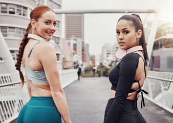 Portrait, fitness or friends on a bridge for training, cardio workout or exercise together in an...