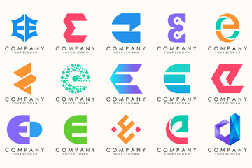 Abstract logos mega collection with letters E. Geometrical abstract logos