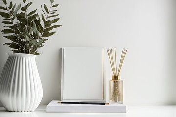 Blank photo frame, reed diffuser and notebook on table near white wall. Generative AI - obrazy, fototapety, plakaty