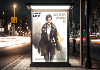 Night time bus stop billboard template with generative ai background