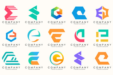 Abstract logos mega collection with letters E. Geometrical abstract logos
