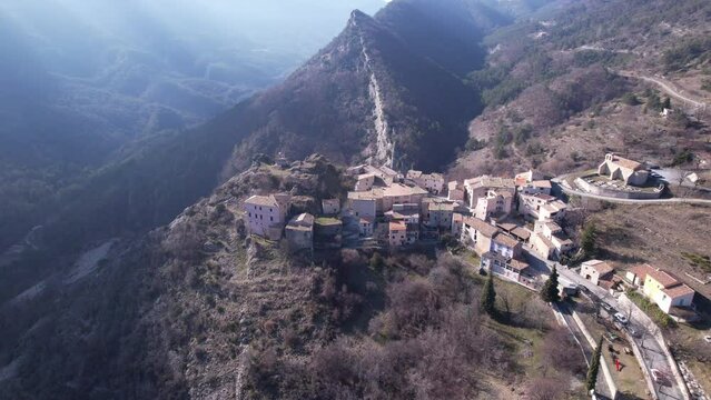 Village of Le Mas in the French Alps seen from drone